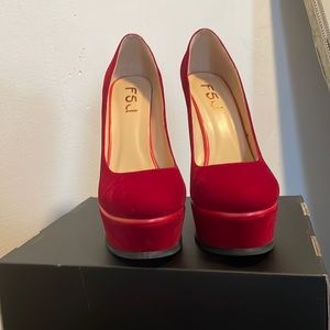 Red, suede platform heels. 2inch platform, 6 inch heel